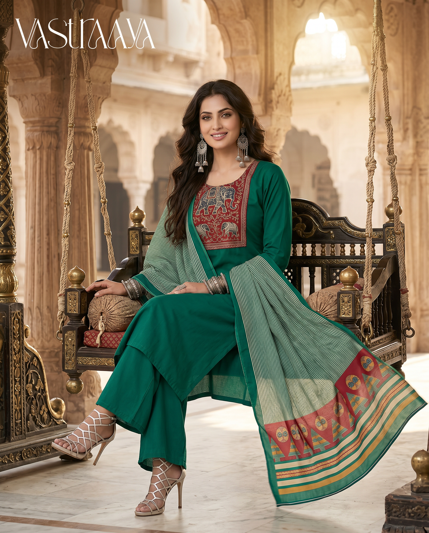 Emerald Green Ethnic Kurta Set with Dupatta