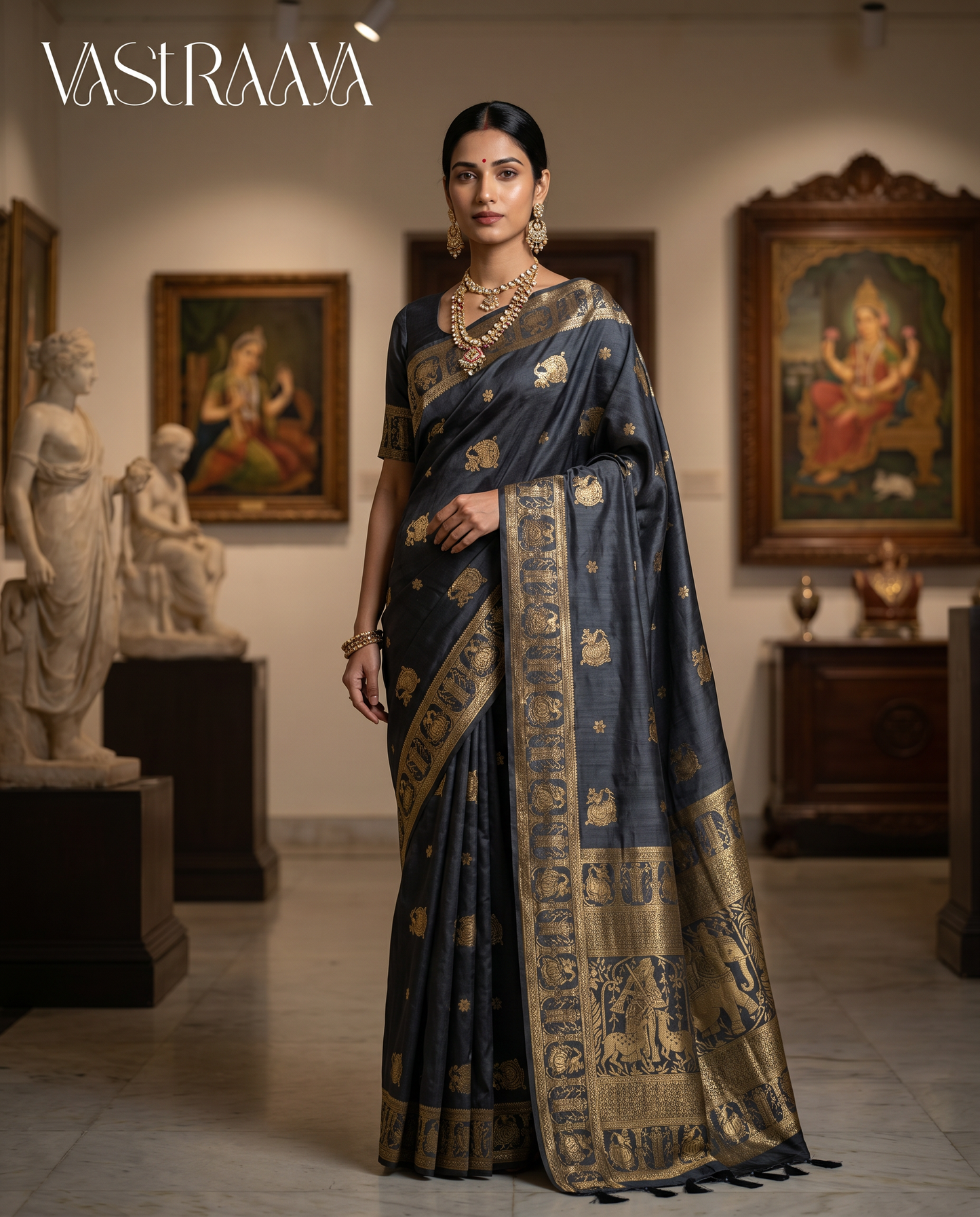 South Silk Charcoal Grey Saree