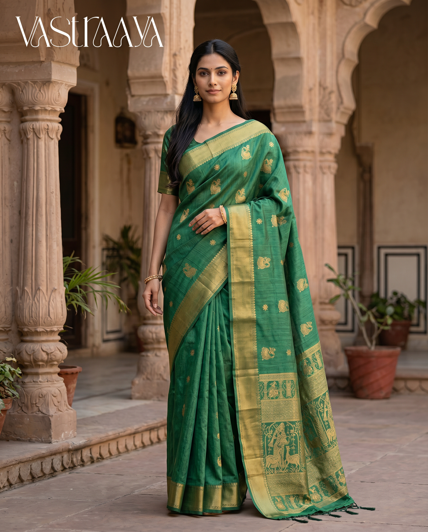 South Silk Green Temple Border Saree