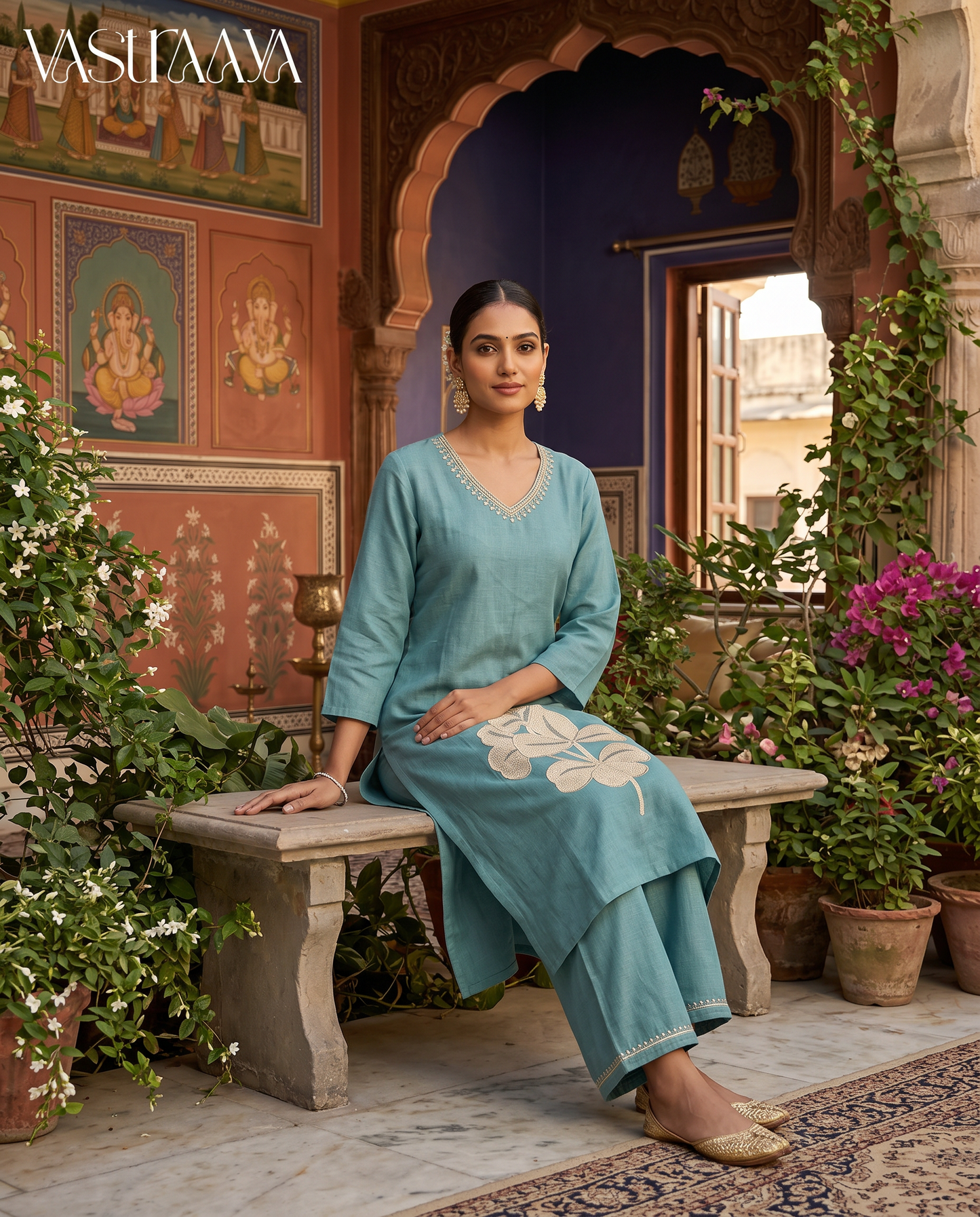 Teal Blue Floral Embroidered Kurt1 Set