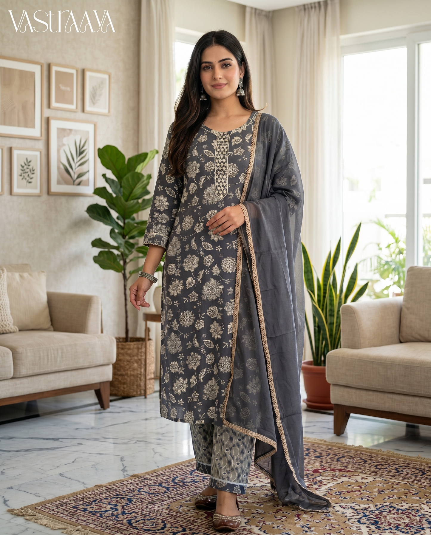Charcoal Bloom Jaipuri Rayon Cotton Suit Set with Dupatta