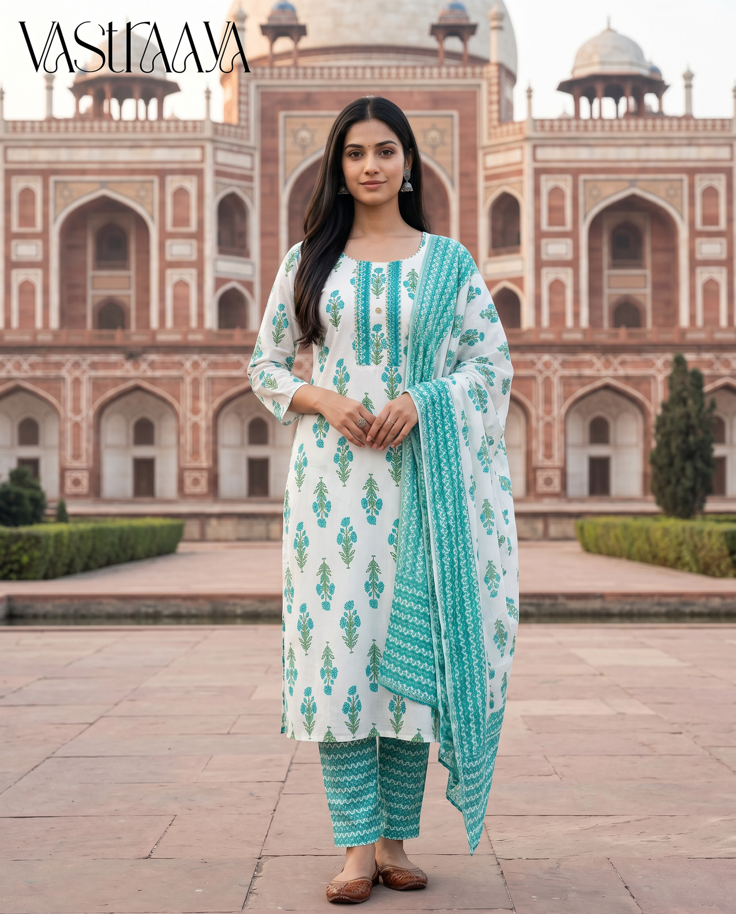 Aqua Bloom Jaipuri Cotton Suit Set