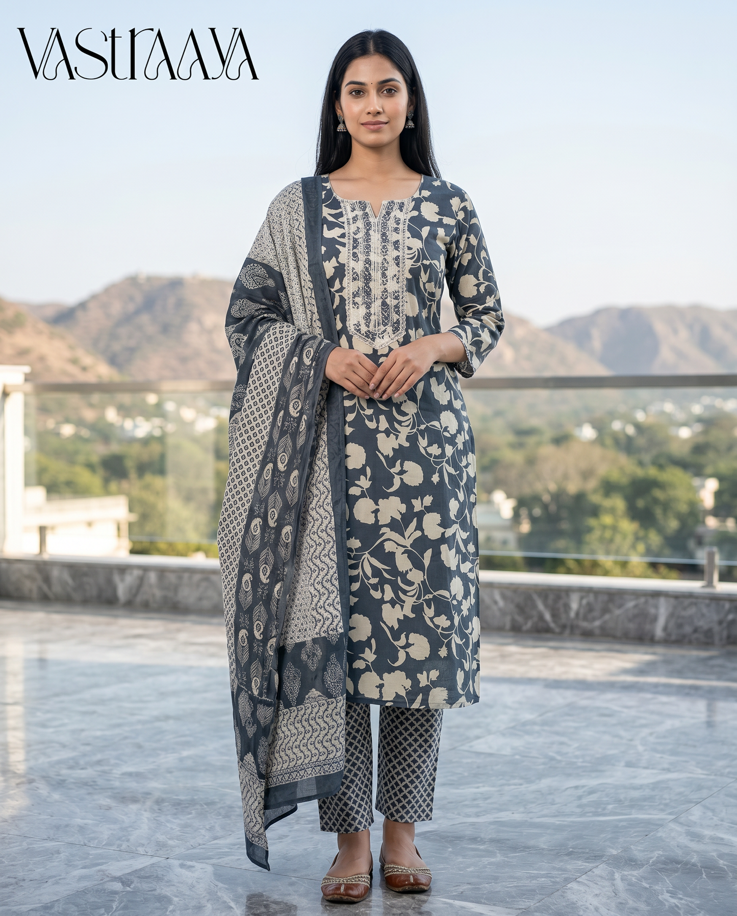 Grey Floral Pure Jaipuri Cotton Suit Set with Neck Work
