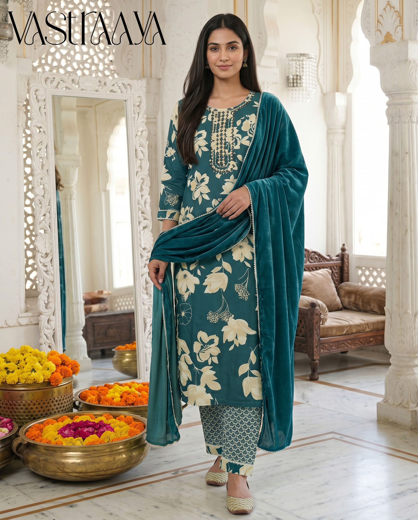 Teal Blossom Jaipuri Rayon Cotton Suit Set with Neck Work