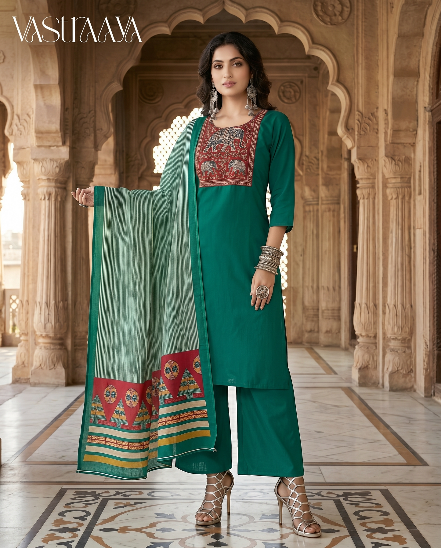 Emerald Green Ethnic Kurta Set with Dupatta