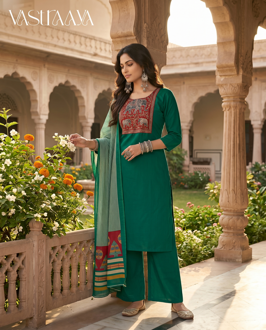 Emerald Green Ethnic Kurta Set with Dupatta