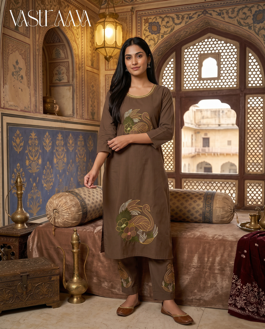 Earthy Brown Artistic Kurti Set