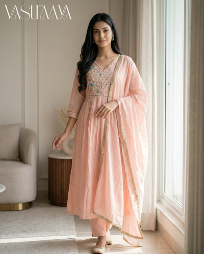 Blush Pink Embroidered Anarkali Suit Set