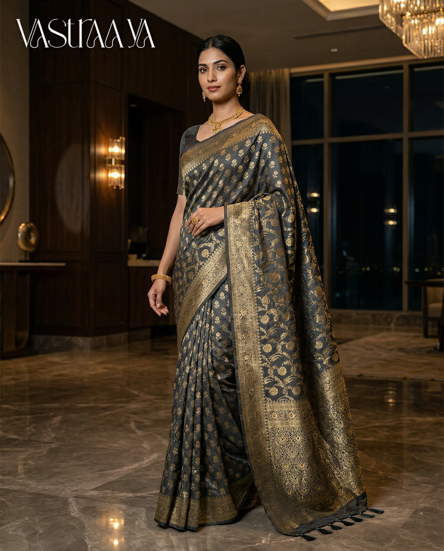 South Silk Midnight Grey Saree
