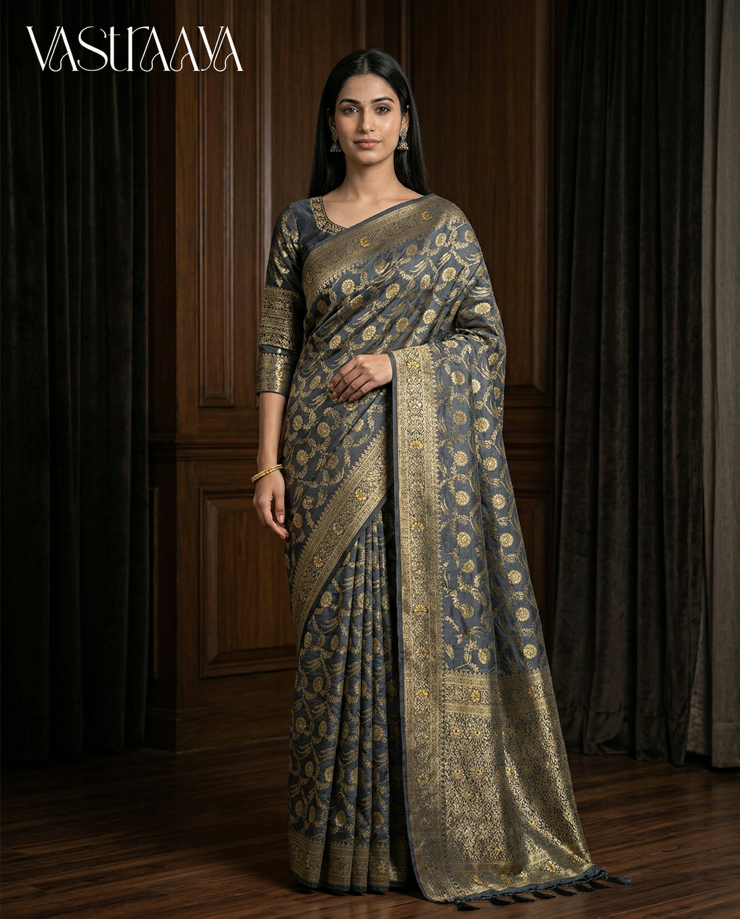 South Silk Midnight Grey Saree