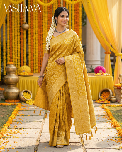 South Silk Mustard Yellow Saree