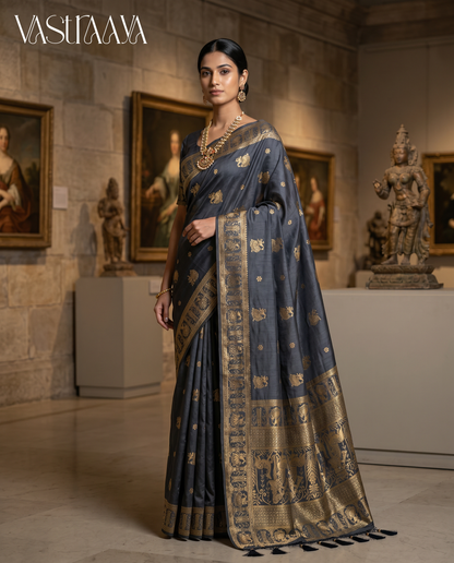 South Silk Charcoal Grey Saree