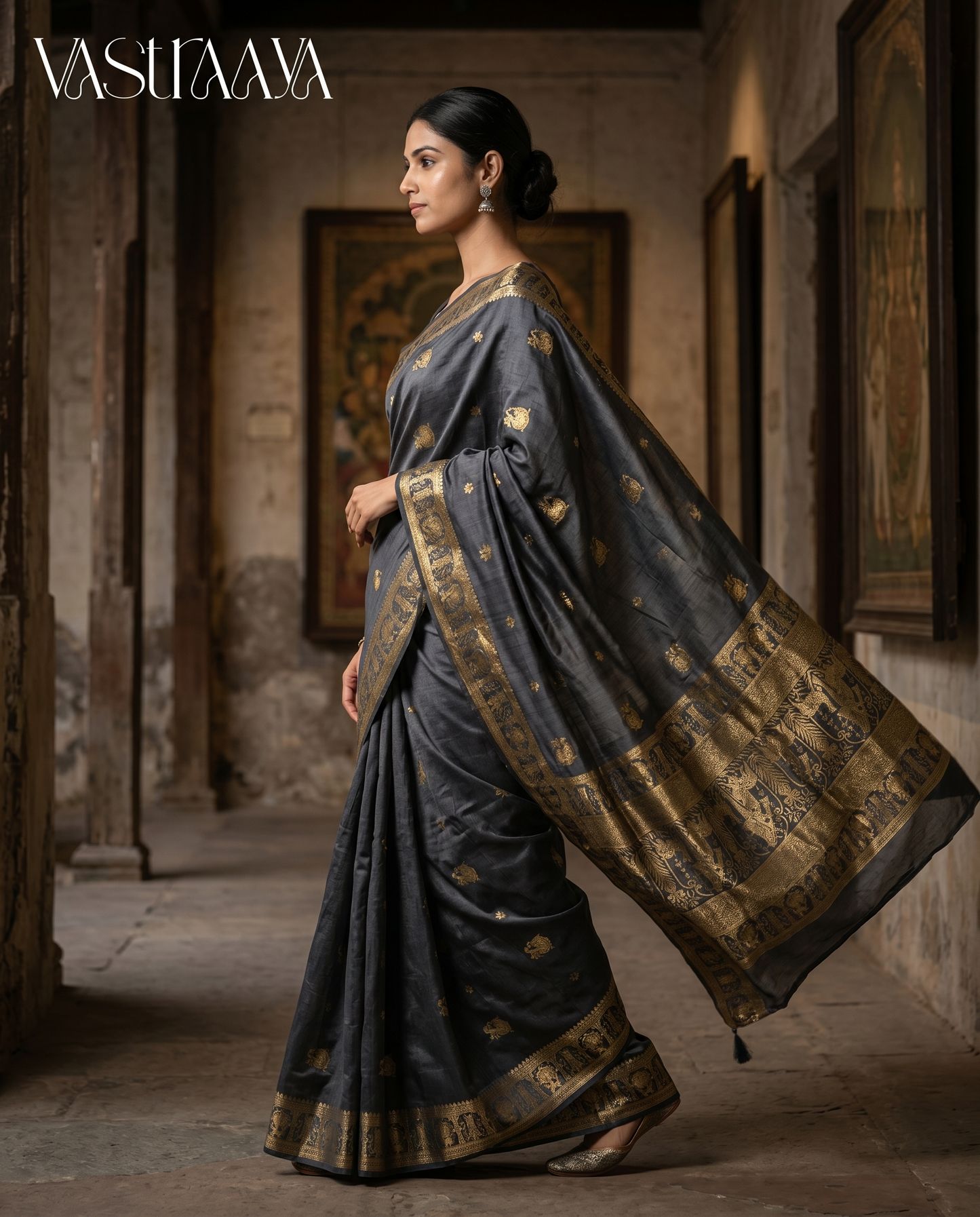 South Silk Charcoal Grey Saree