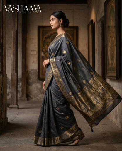 South Silk Charcoal Grey Saree