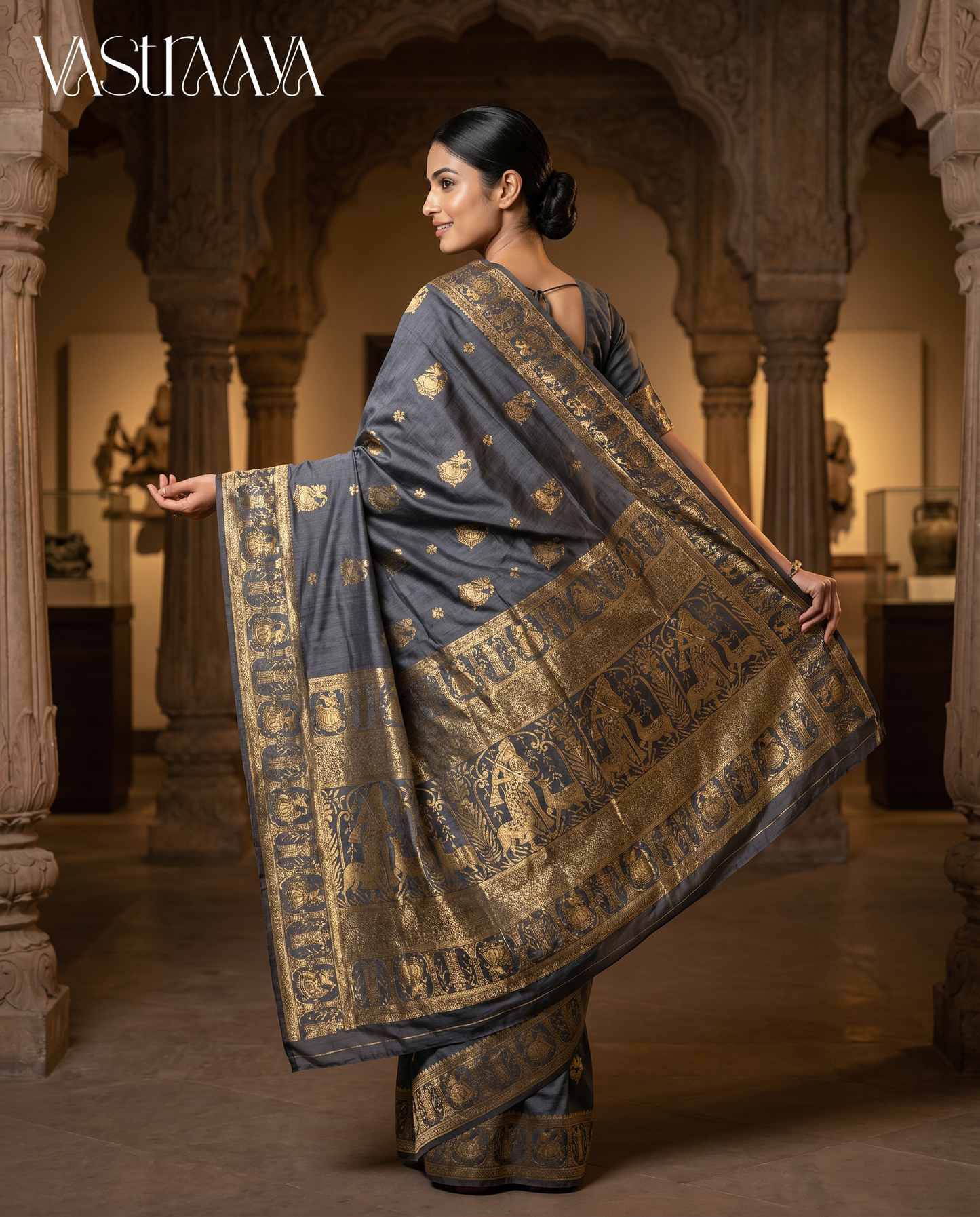South Silk Charcoal Grey Saree