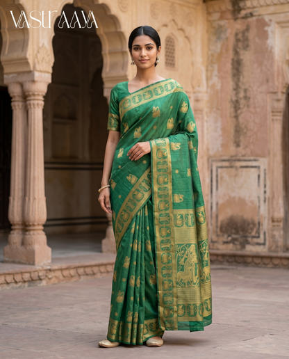 South Silk Green Temple Border Saree
