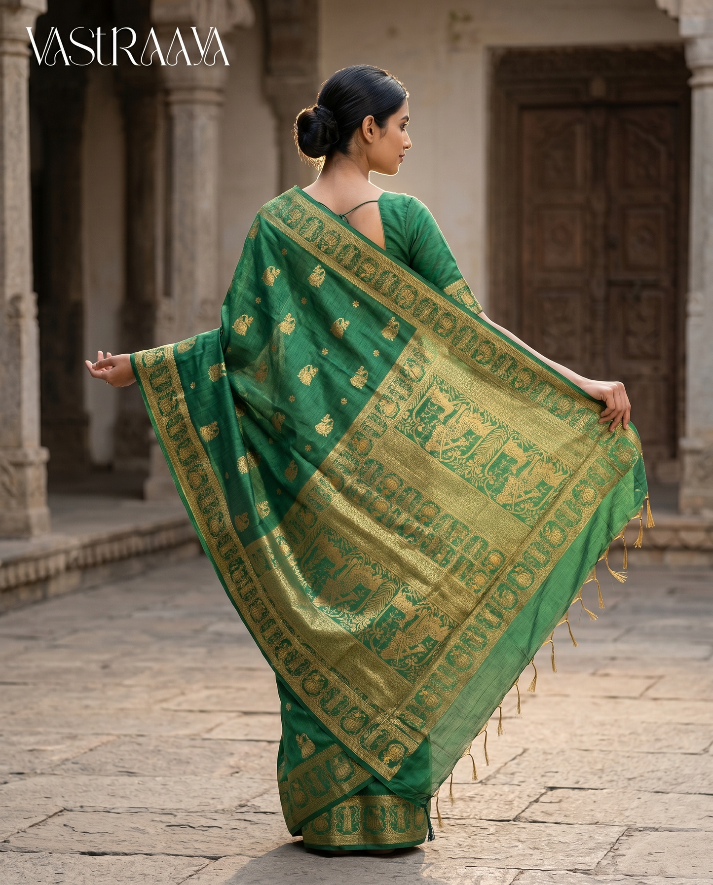 South Silk Green Temple Border Saree