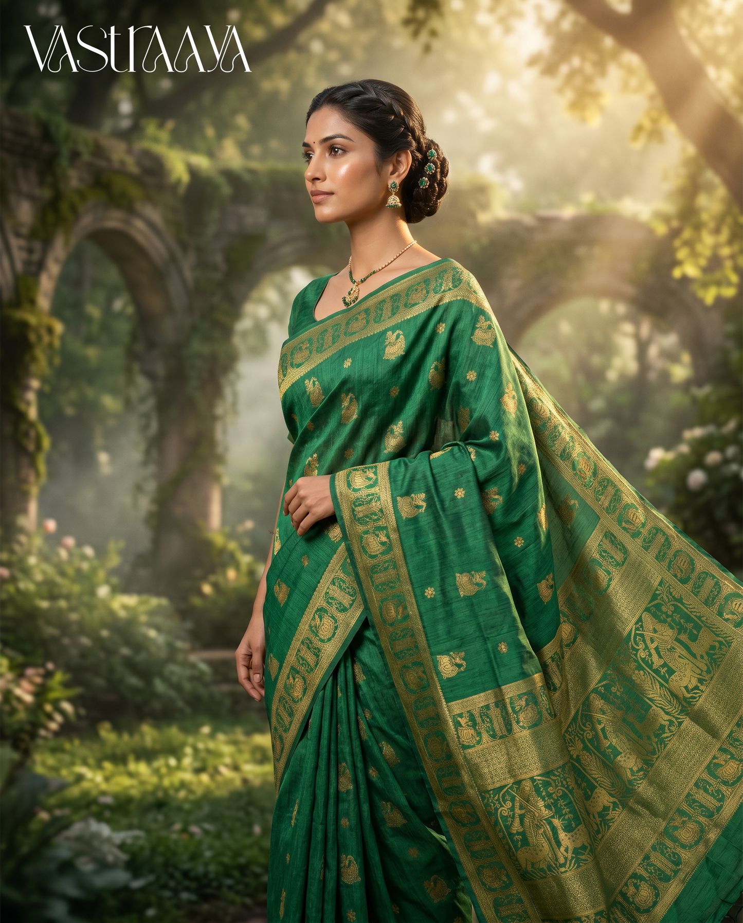 South Silk Green Temple Border Saree
