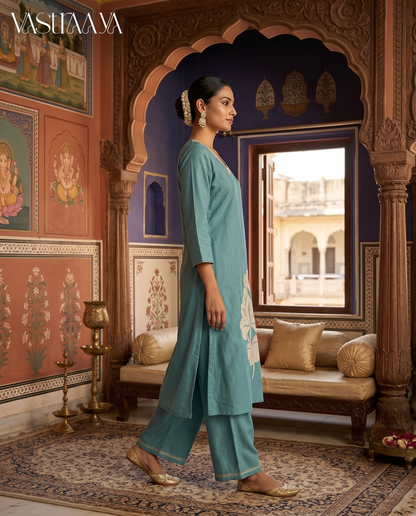 Teal Blue Floral Embroidered Kurt1 Set