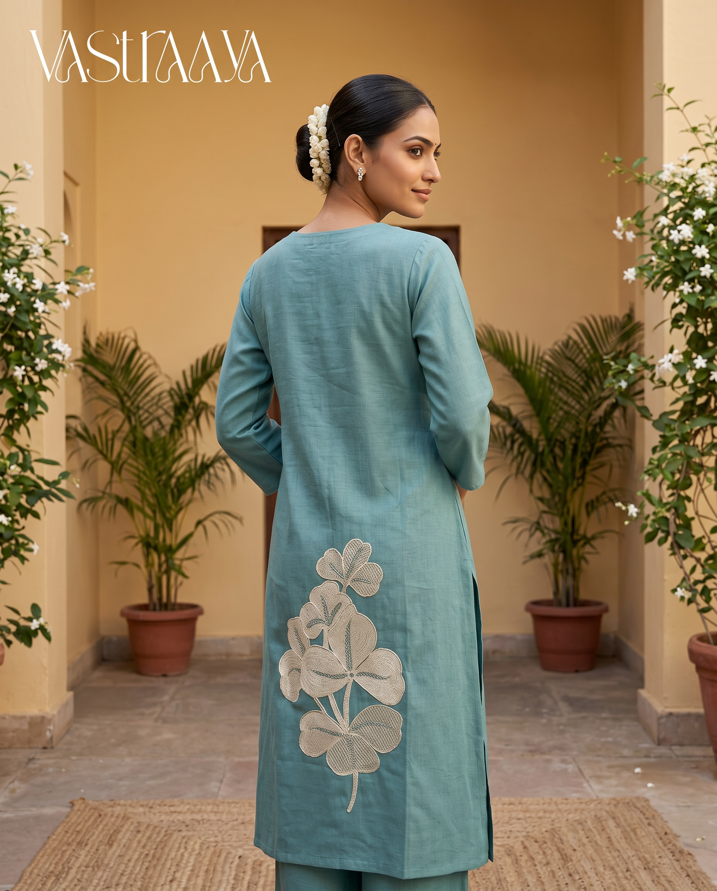 Teal Blue Floral Embroidered Kurt1 Set
