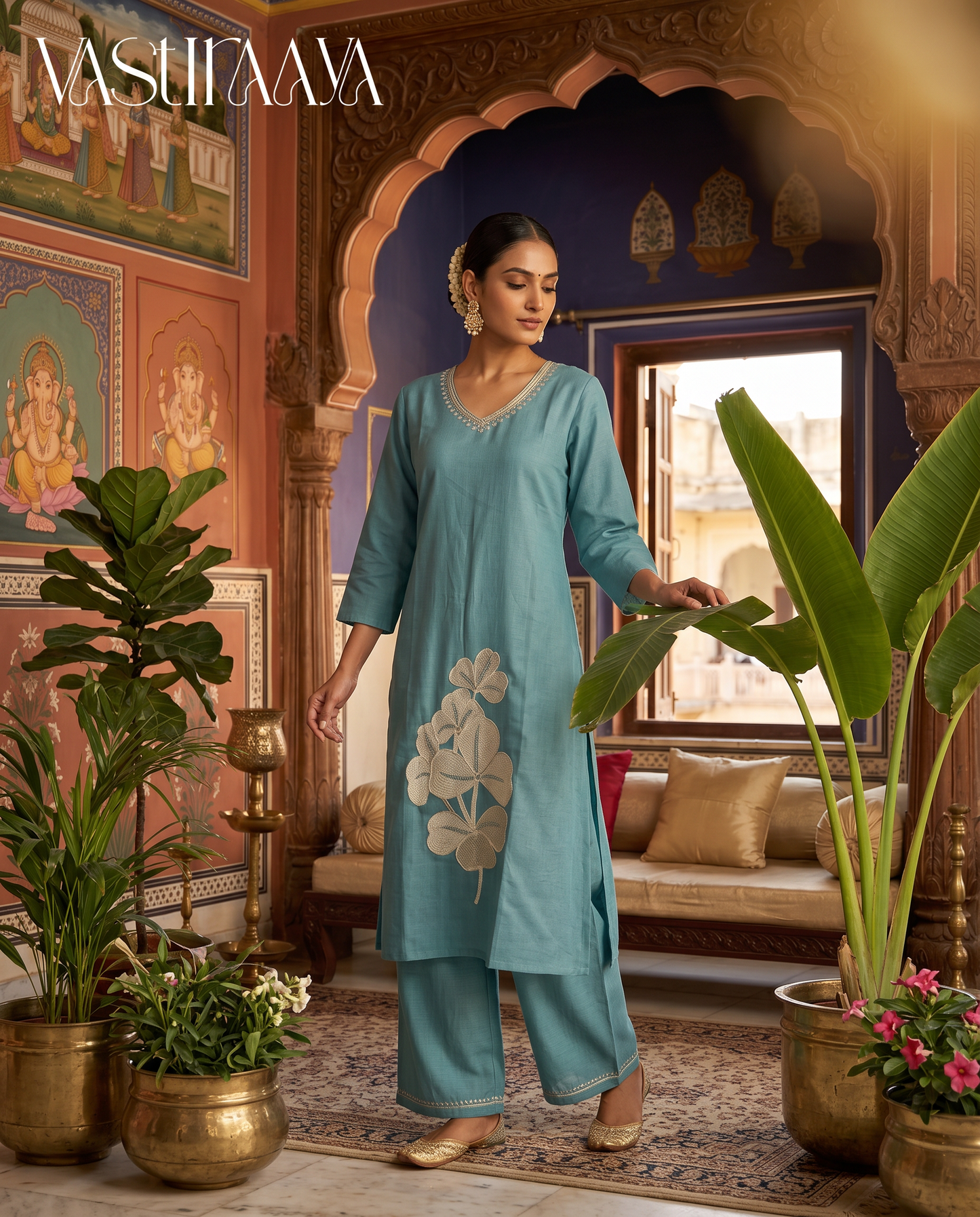 Teal Blue Floral Embroidered Kurt1 Set