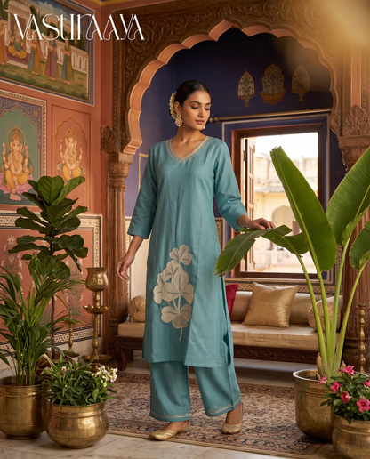Teal Blue Floral Embroidered Kurt1 Set