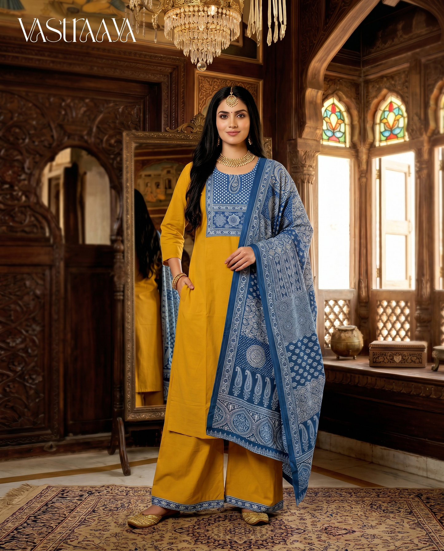 Mustard Yellow & Indigo Fusion Kurta Set