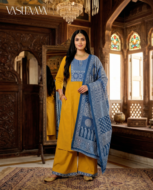 Mustard Yellow & Indigo Fusion Kurta Set
