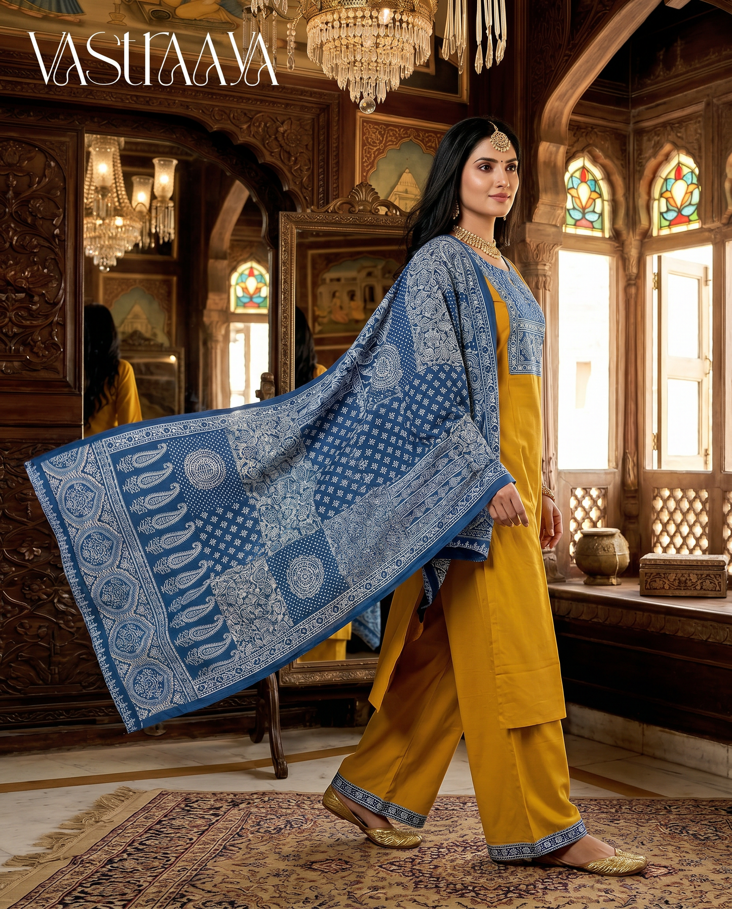 Mustard Yellow & Indigo Fusion Kurta Set