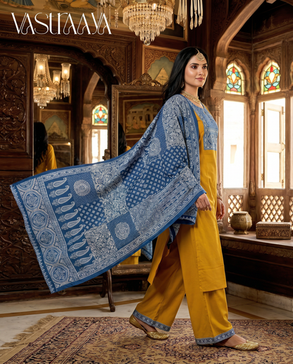 Mustard Yellow & Indigo Fusion Kurta Set