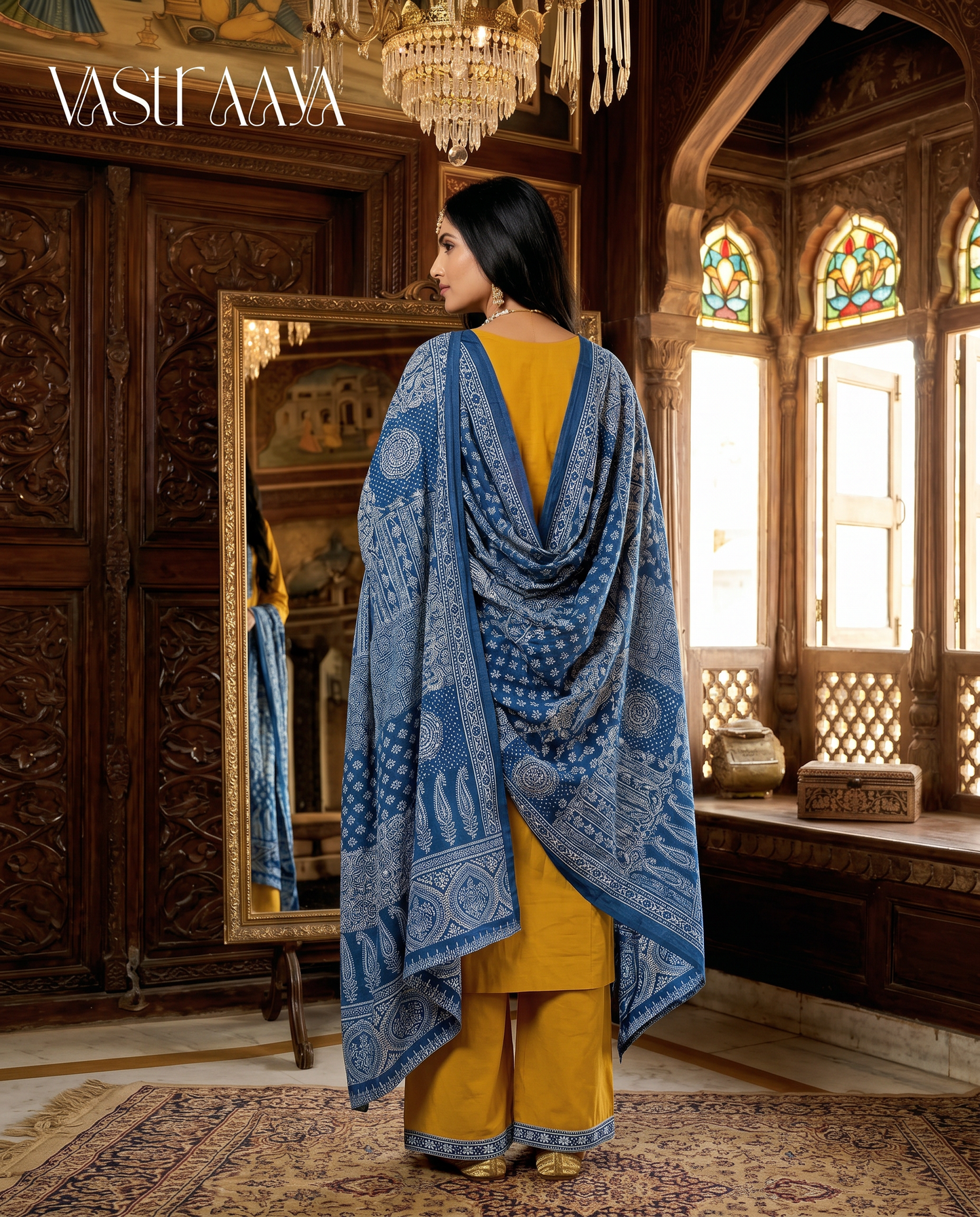 Mustard Yellow & Indigo Fusion Kurta Set