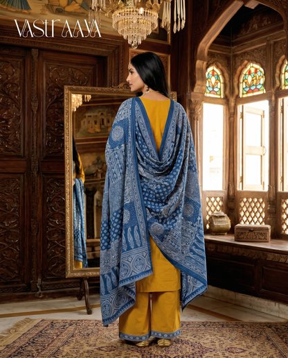 Mustard Yellow & Indigo Fusion Kurta Set