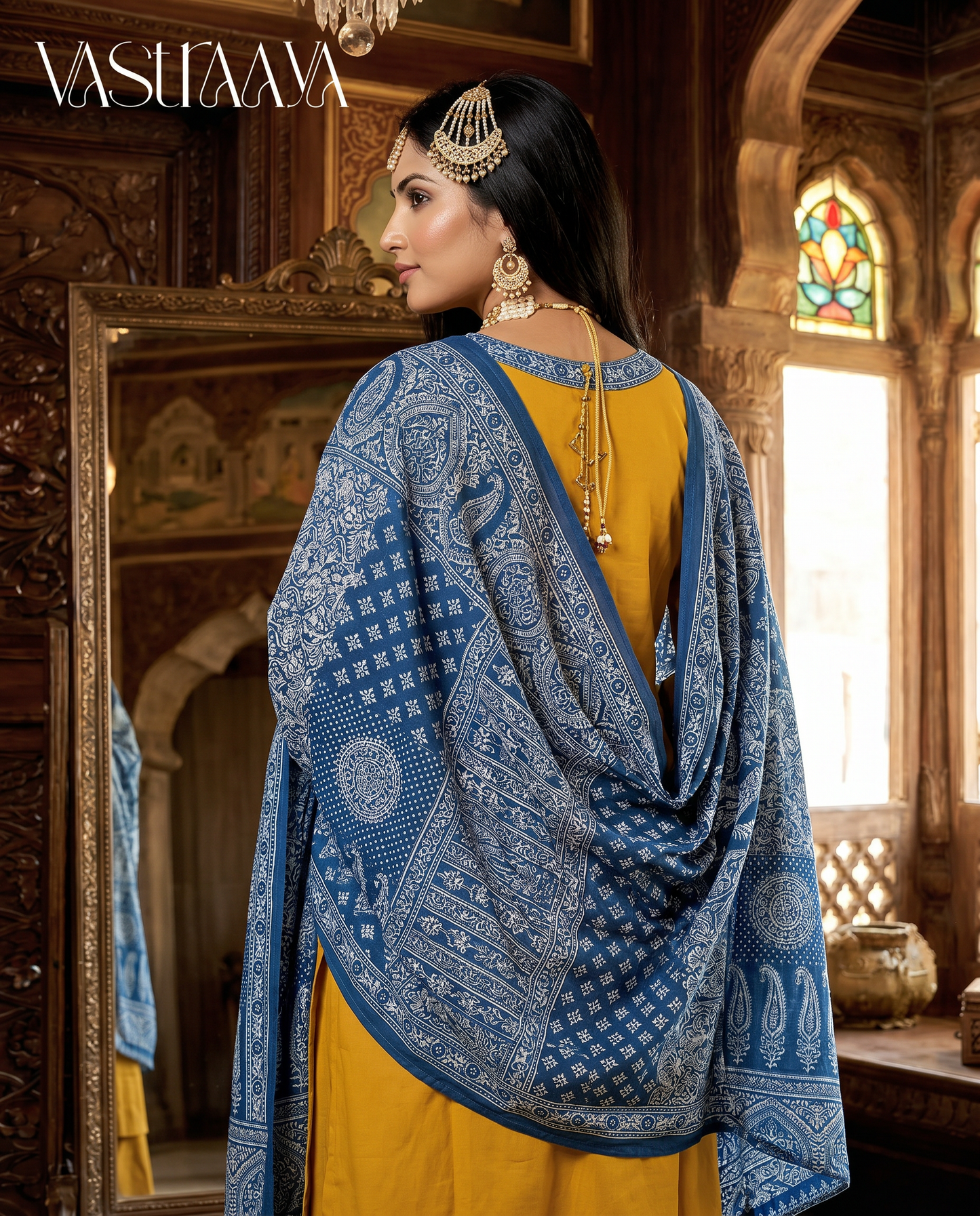 Mustard Yellow & Indigo Fusion Kurta Set