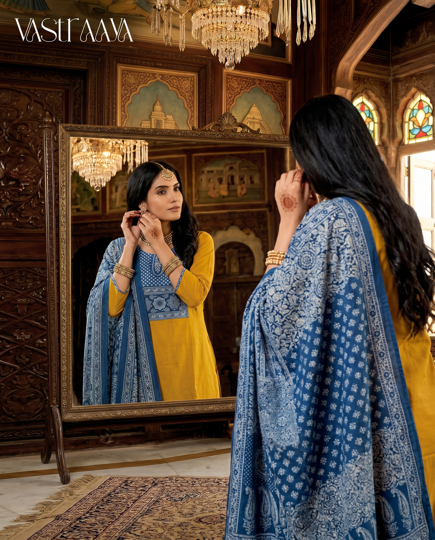 Mustard Yellow & Indigo Fusion Kurta Set