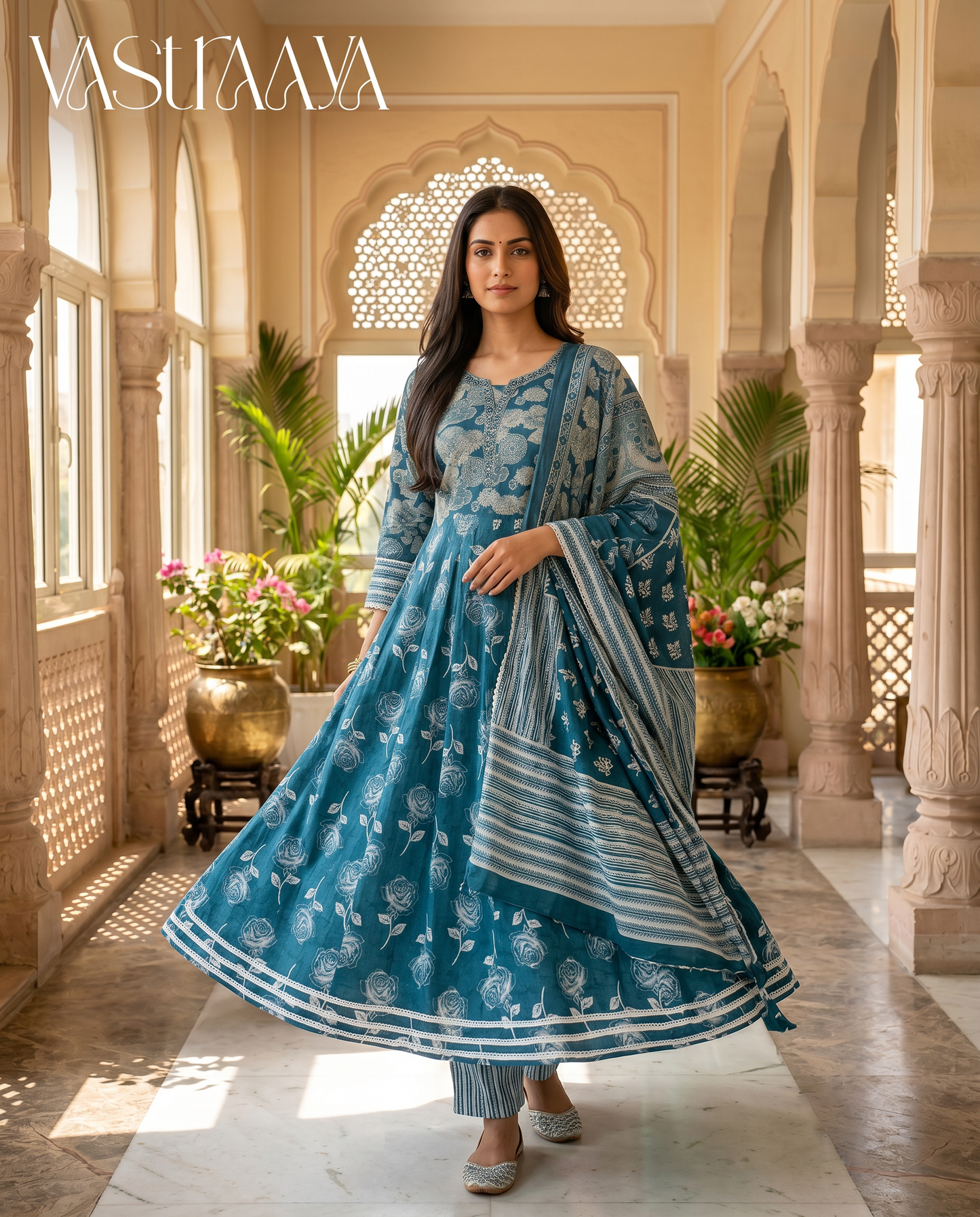 Teal Rose Jaipuri Cotton Frock Suit Set with Dupatta