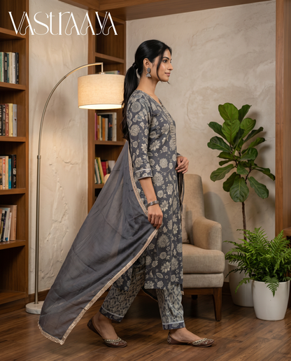 Charcoal Bloom Jaipuri Rayon Cotton Suit Set with Dupatta