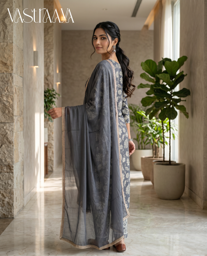 Charcoal Bloom Jaipuri Rayon Cotton Suit Set with Dupatta