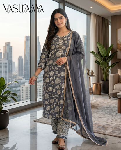 Charcoal Bloom Jaipuri Rayon Cotton Suit Set with Dupatta