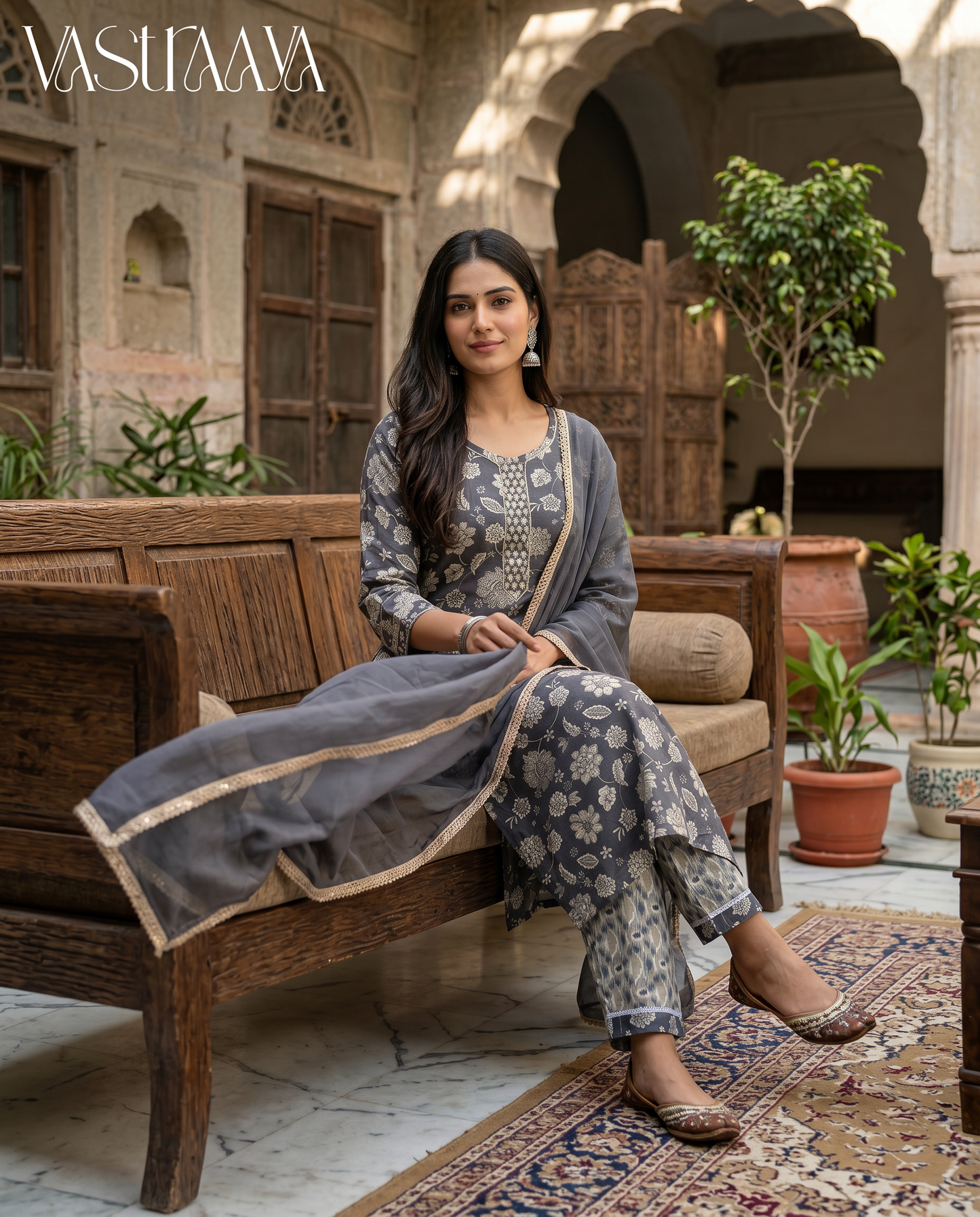 Charcoal Bloom Jaipuri Rayon Cotton Suit Set with Dupatta