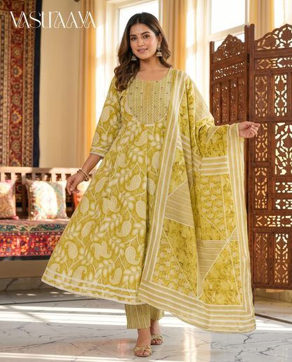 Mustard Paisley Jaipuri Cotton Frock Suit Set with Dupatta