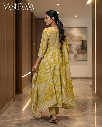 Mustard Paisley Jaipuri Cotton Frock Suit Set with Dupatta