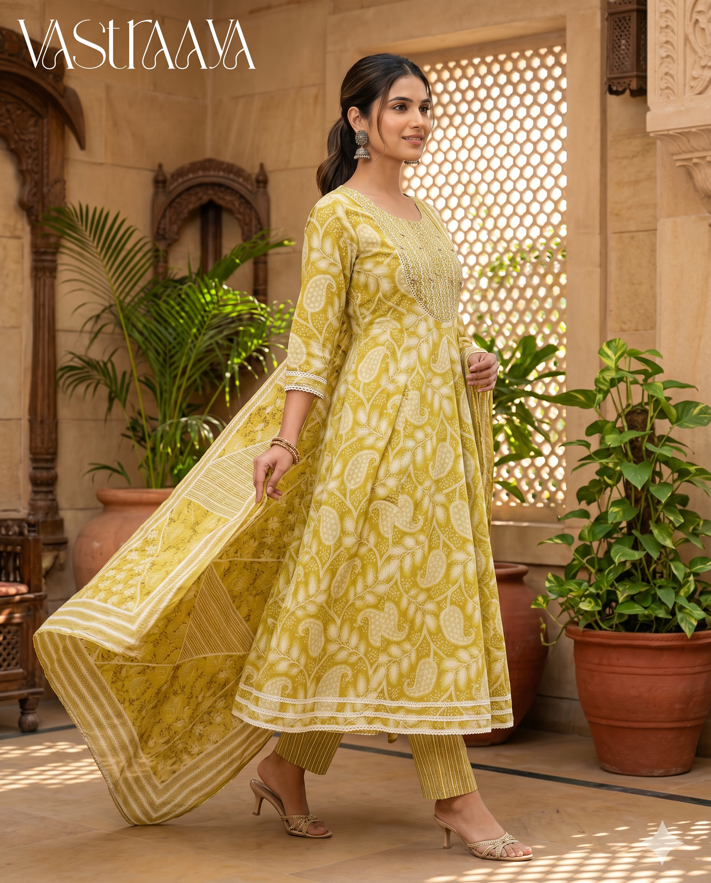 Mustard Paisley Jaipuri Cotton Frock Suit Set with Dupatta
