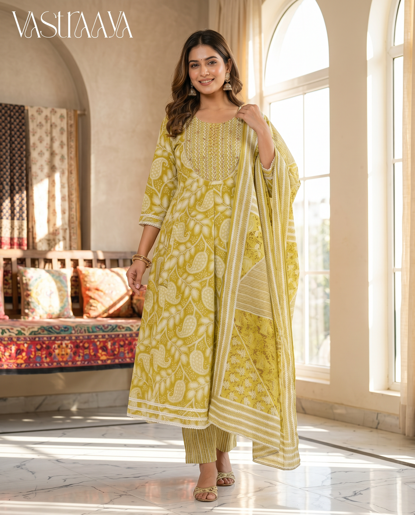 Mustard Paisley Jaipuri Cotton Frock Suit Set with Dupatta