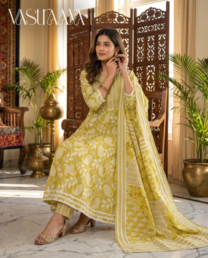 Mustard Paisley Jaipuri Cotton Frock Suit Set with Dupatta