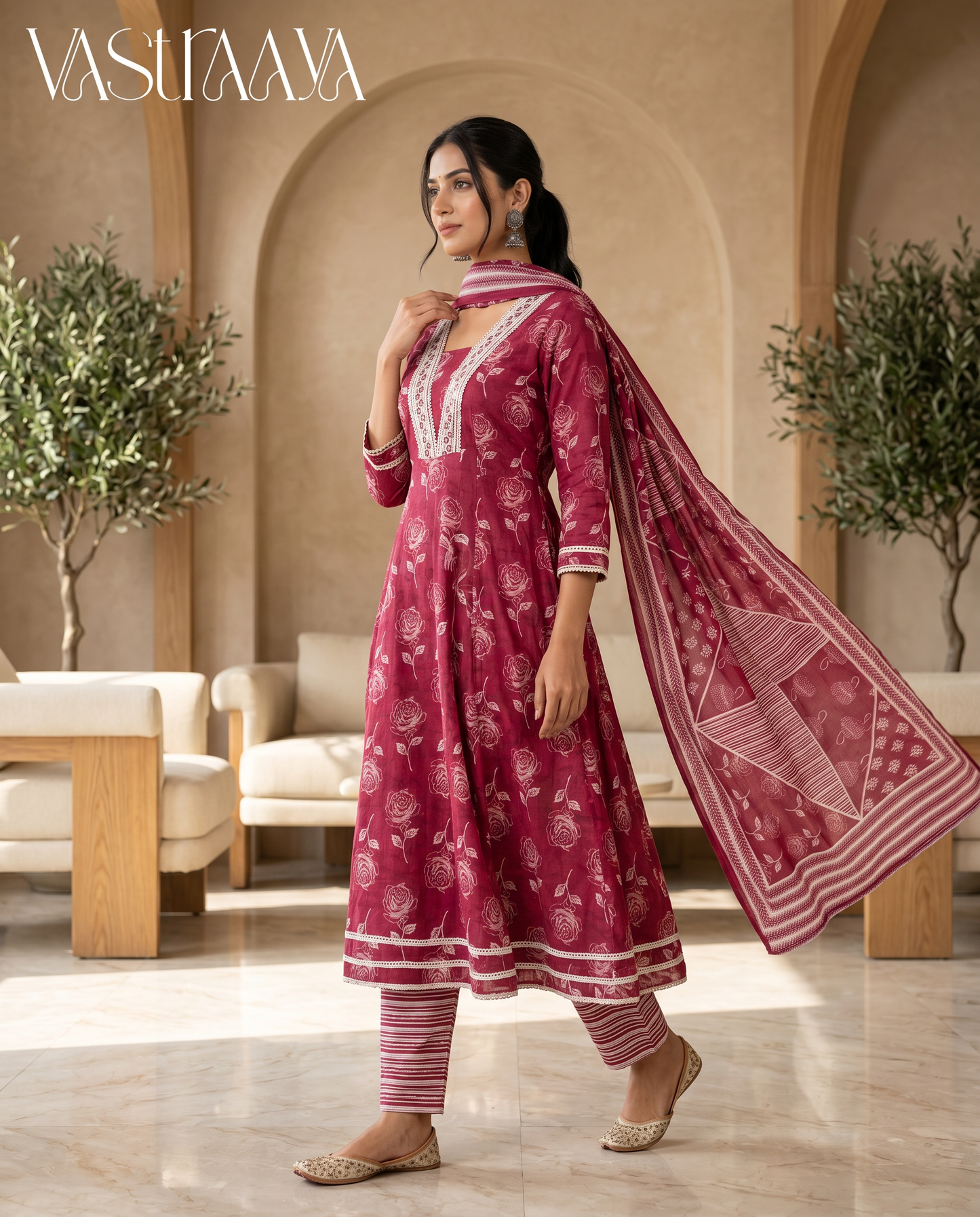 Rosewood Bloom Jaipuri Cotton Frock Suit Set with Dupatta
