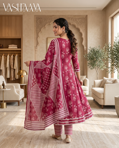 Rosewood Bloom Jaipuri Cotton Frock Suit Set with Dupatta