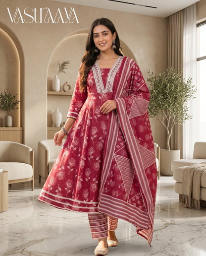 Rosewood Bloom Jaipuri Cotton Frock Suit Set with Dupatta