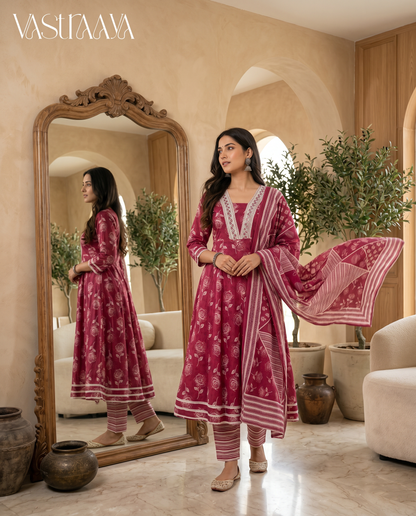 Rosewood Bloom Jaipuri Cotton Frock Suit Set with Dupatta