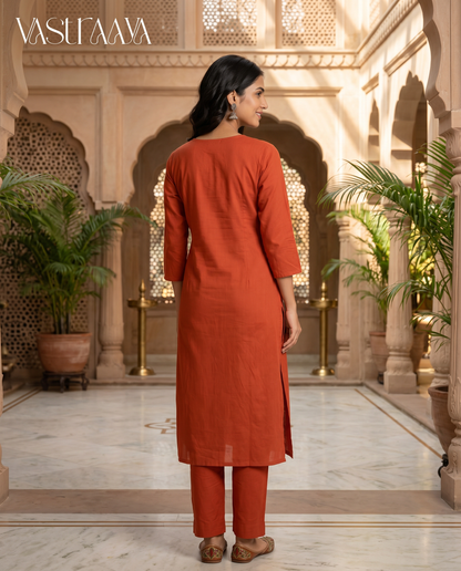 Himani Embroidered Pure Cotton Kurta Set – Rust Orange