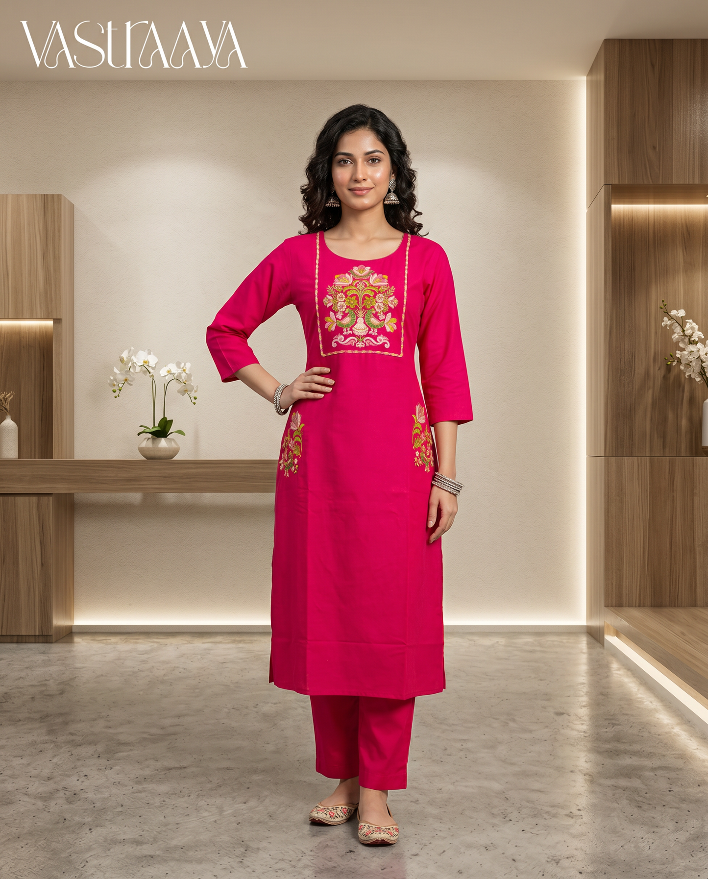 Fuchsia Blossom Embroidered Pure Cotton Kurta Set